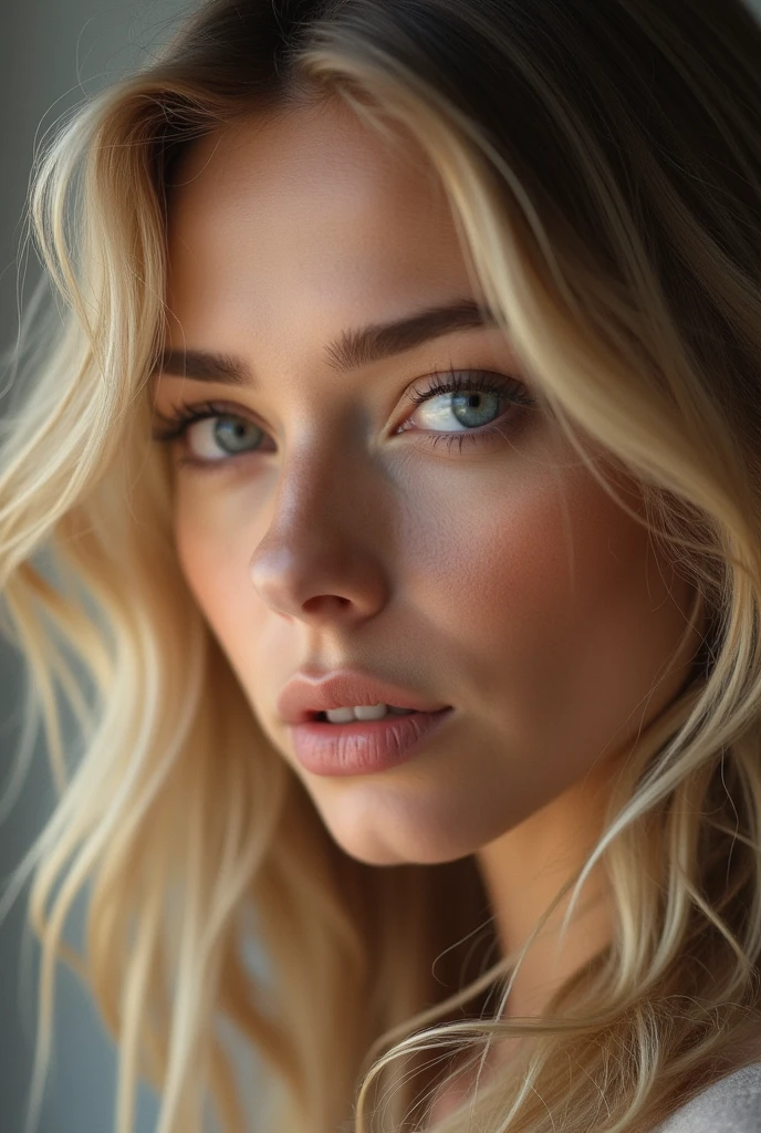 regarde droit dans les yeux femme tinture blonde
