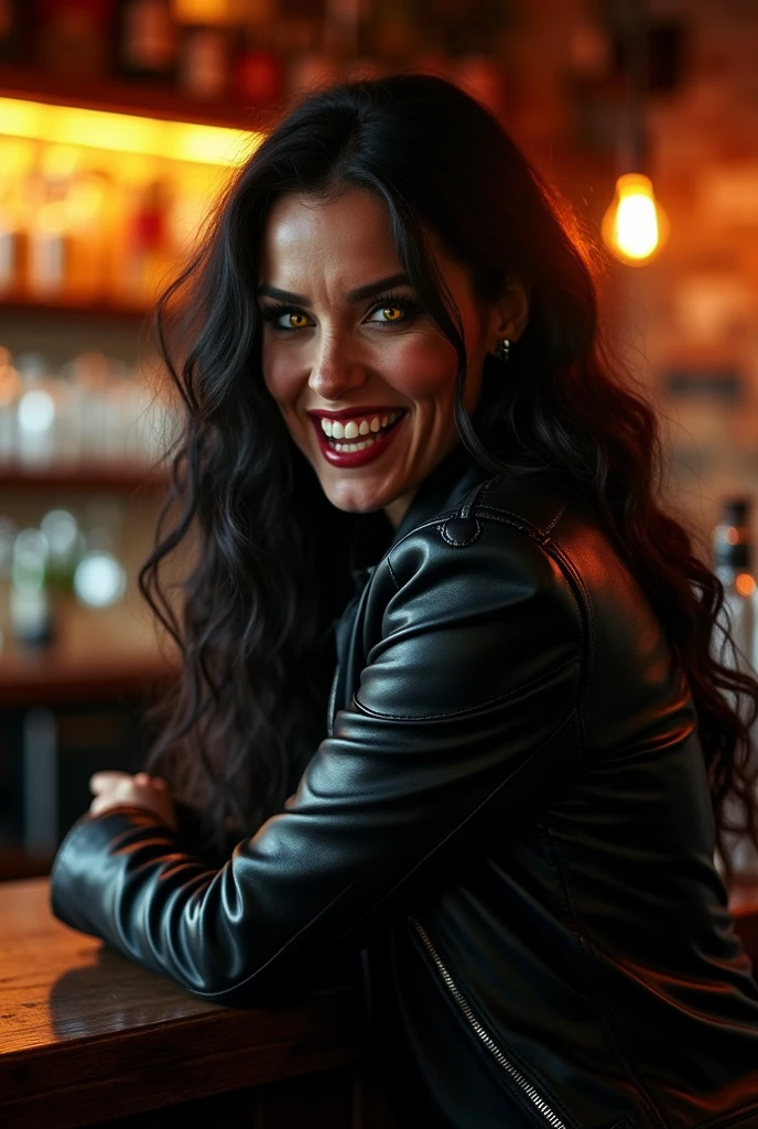 Evil Woman, black leather jacket, she is leaning against the bar counter, looking at us and smiling bewitchingly, (bare her fangs, yellow eyes of a wild beast:1.5),