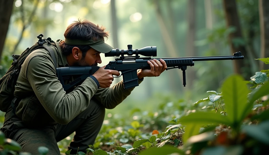 Thai hunter hunting animals with a rifle