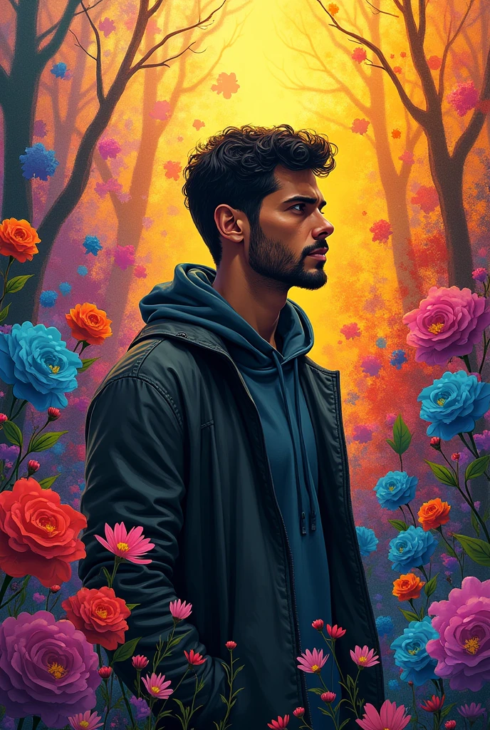 A person surrounded by colorful flowers or paint splatters, with a thoughtful expression
, Illustration drawing stoicism
