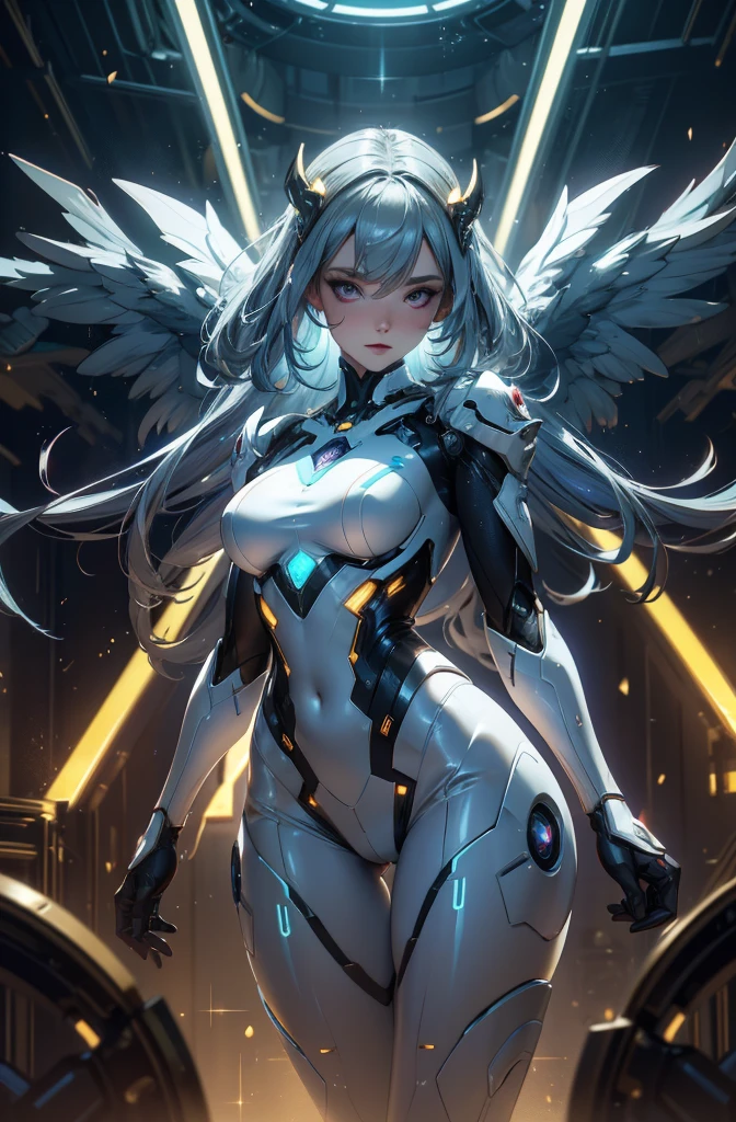 A beautiful robot that combines a succubus and a fallen angel, In beautiful form, She wears a shiny white and gold bodysuit with thin lines and seven-color neon light patterns., Best body shape, Background: A large room with analytical equipment, Lab, Shading Effects, Gradient Magic Effect, Fog filter effect, Glitter effect, (Super detailed, The absolute solution, Highest quality:1.3), 2.5D, delicate and dynamic, Artistic photography, Ultra-realistic, Graphics CG Digital Art