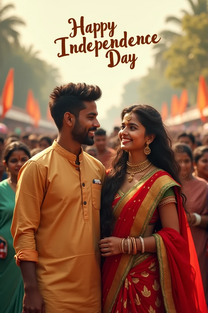 real young couple, Amin and Priyanka stand together, both , joyfully celebrate Indian Independence Day. They are wearing indian outfits and Ajay name is written on boy's outfit and Pooja written on girl's outfit. Above them, in the sky, the words "Happy Independence Day" are displayed in a bold font. The backdrop is filled with people celebrating, enhancing the festive and patriotic spirit of the day