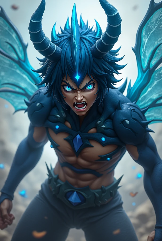 Shoulder-length bluish black hair A spiky blue crown on his head blue eyes Transparent insect wings on the back Sex battle anger