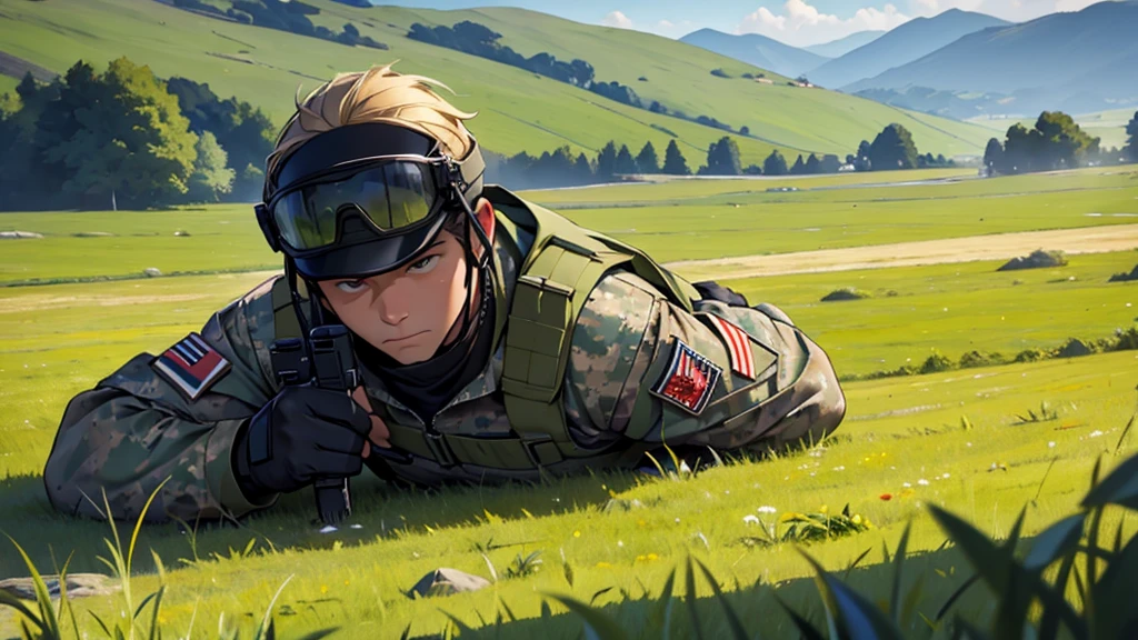 solo man wearing full military gear in a grassy farmland