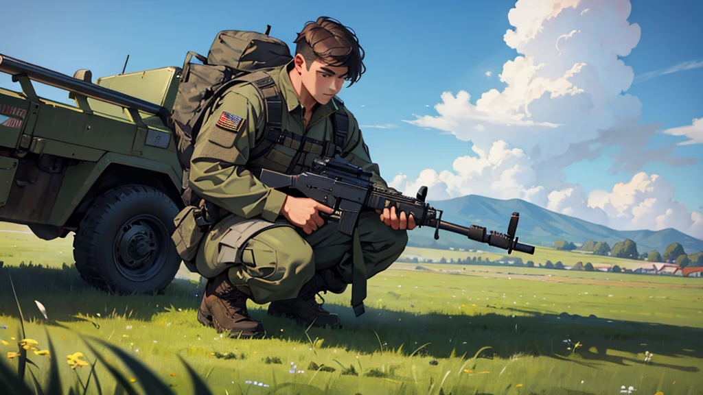 solo man wearing full military gear in a grassy farmland