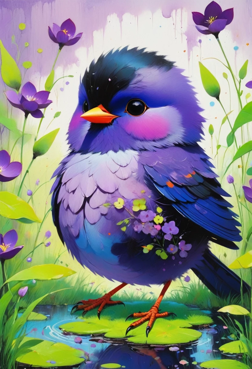 (((Colorful black,Oil stick painting,Volume,Thick coating,Uneven texture,Plaster texture,Graffiti)))。Colorful black,A small bird rests on the water grass, Bright colors的鸟, Purple和, cute的, Bright colors,cute, Lavender Color and Color Schemes, 和Purple的配色方案, Mysterious Birds, Beautiful Art, Purple, Whimsical Art, 和Purple色调, Lime and Violet, Close together,, spring, Inspired by Tomokazu Matsuyama, Delightful