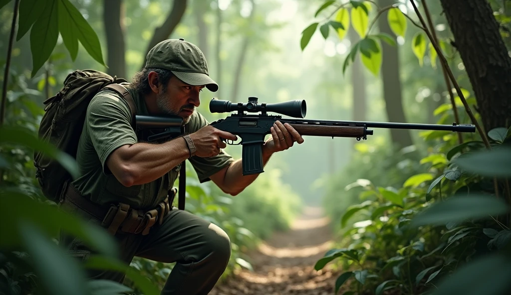 Thai hunter hunting animals with a rifle