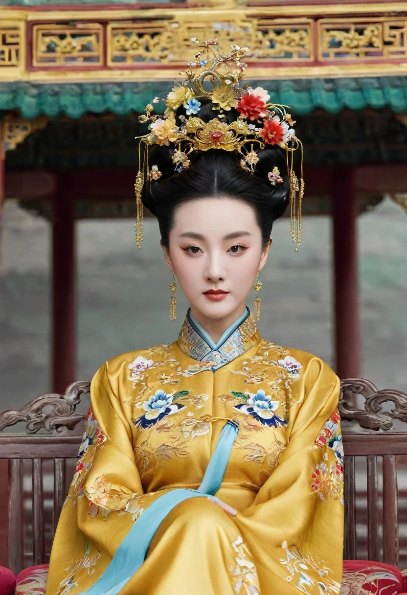 From before the Qing, The Empress sits naked on a golden sofa in the palace, Her eyes are wide open, Her legs were spread, big naked breasts. At the Chinese court during the Qing Dynasty, Empress of the Qing Dynasty, Empress of China, Wearing a large crown, When viewed from below, the abdomen and thighs are visible..。She is completely naked, Showing off gorgeous large flowers and hairpins, She tied her hair up and pulled it up, 背景はEmpress of the Qing Dynastyの豪華な宮殿.