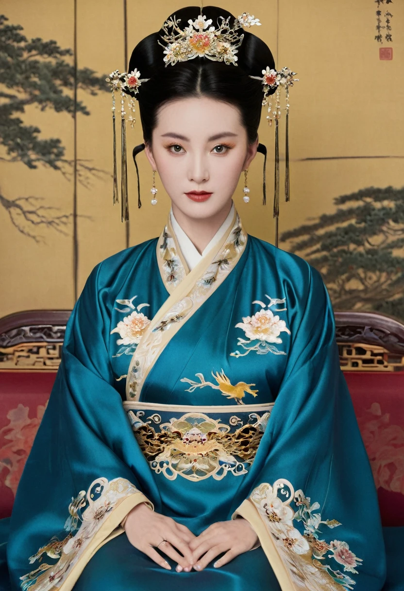 From before the Qing, The Empress sits naked on a golden sofa in the palace, Her eyes are wide open, Her legs were spread, big naked breasts. At the Chinese court during the Qing Dynasty, Empress of the Qing Dynasty, Empress of China, Wearing a large crown, When viewed from below, the abdomen and thighs are visible..。She is completely naked, Showing off gorgeous large flowers and hairpins, She tied her hair up and pulled it up, 背景はEmpress of the Qing Dynastyの豪華な宮殿.