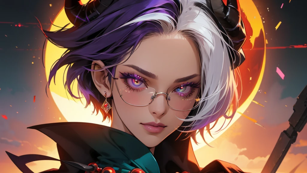 8k, masterpiece, best quality, highly detailed, 1 girl, tiefling, warlock, pixie cut, multicolored hair, very short straight hair red highlight hair on white hair, strippled hair, wearing glasses, round glasses, earrings, navel piercing, red eyeshadow, long eyelashes, blushed cheek, red lips, pearl necklace, rings, collarbone, mole on face, glamorous, teal and purple clothes, miniskirt, smirk, close up view, rings, looking at viewer, demon horns, solo, blood red moon, standing, royal dress, chains, firing fire blast