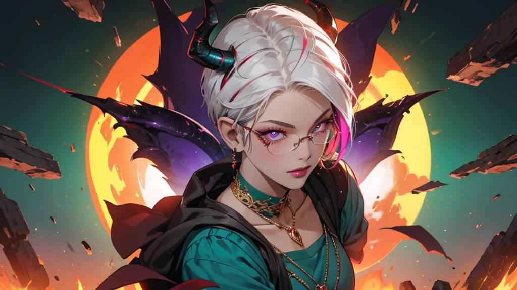 8k, masterpiece, best quality, highly detailed, 1 girl, tiefling, warlock, pixie cut, multicolored hair, very short straight hair red highlight hair on white hair, strippled hair, wearing glasses, round glasses, earrings, navel piercing, red eyeshadow, long eyelashes, blushed cheek, red lips, pearl necklace, rings, collarbone, mole on face, glamorous, teal and purple clothes, miniskirt, smirk, close up view, rings, looking at viewer, demon horns, solo, blood red moon, standing, royal dress, chains, firing fire blast