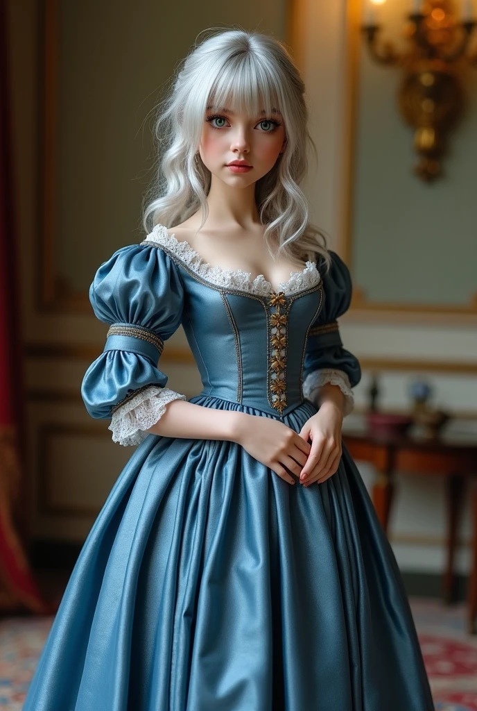 Mali－Antoinette、French Queen&#39;s Blue Dress、Front view, standing pose, looking at viewer, French female, Age: 22 age-old, ((silver hair:1.3) , middle hair , fringe, green eye beautiful lip), (C cup breasts, slender whist, middle hip ,beautiful pussy, beautiful anal, realistic bush under Hair) ,(18 century, French old Fashion, old dress,:1.3),on floor ,in Pales , sunset, , accurate, anatomically correct, textured skin, beautiful fingers super detail, high details, high quality, best quality,