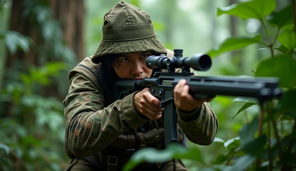 Thai hunter hunting animals with a rifle