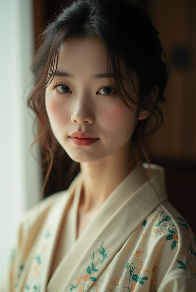 An elegantly dressed Japanese woman in natural light、A close-up of her chest and calm expression.、It shows her inner peace and outer charm.。