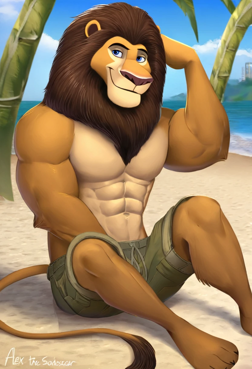 simba, a furry lion, furry, shirtless, muscular, male, cartoony, illustration, sharp focus, ultra-detailed, medium length hair, topless, alone, single, two blogs hairstyle, yellowish fur, red hair, cartoony, smooth colors, smooth lining, red hairy armpits, red hairy crotch, green eyes, detailed eyes, naked, hard long penis, dark brown penis, outside, beach, cartoony, black bowtie, butler, one hand up behind head, adult, drip of cum, ejaculating