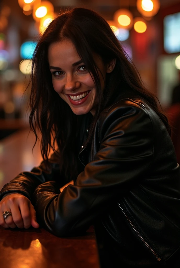 Evil Woman, black leather jacket, she is leaning against the bar counter, looking at us and smiling bewitchingly, (bare her pointed fangs, yellow eyes of a wild beast:1.5),