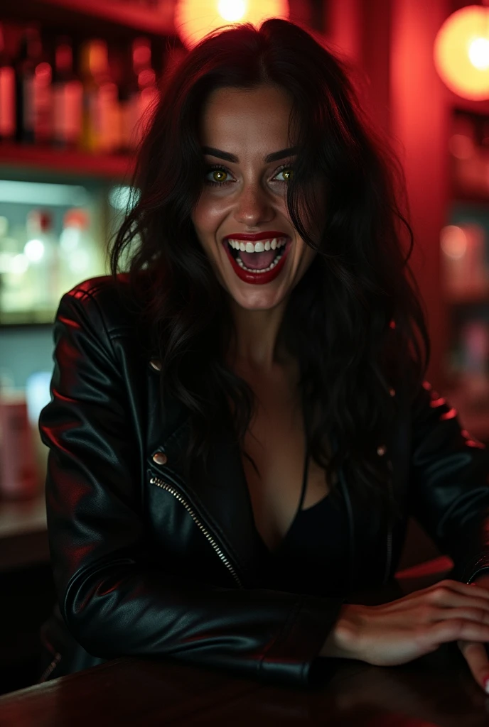 Evil Woman, black leather jacket, she is leaning against the bar counter, looking at us and smiling bewitchingly, ( her pointed fangs, yellow eyes of a wild beast:1.5),