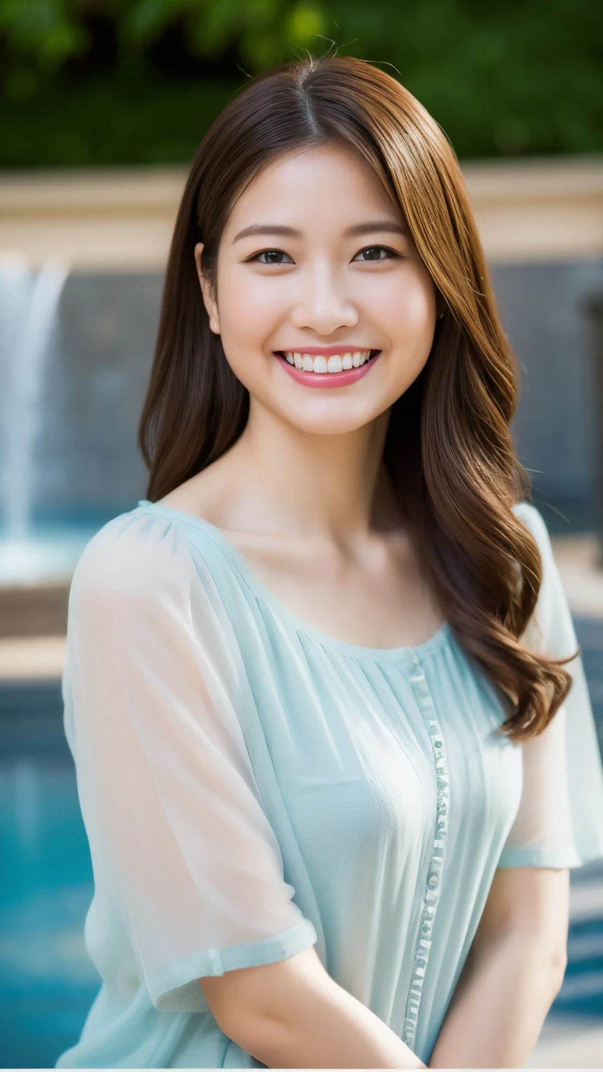 最high quality, In 8K, whole body, Real, Upper Body, high quality, High resolution, Detailed face, Detailed eyes, Thick lips, (Look at the viewers), alone, Middle-aged women, , 60 years old, , Wavy Hair, , Wearing short sleeves, Standing in front of a fountain, Wrinkles around the eyes, Smiling with teeth showing, Background Blur