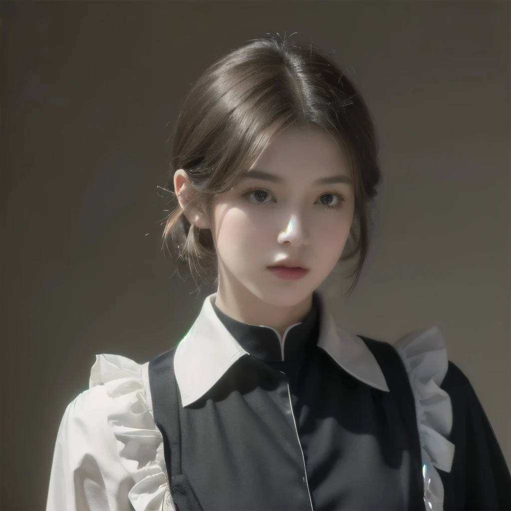 (Highest quality, 16K, masterpiece, Ultra-high resolution, Victorian, Realistic: 1.2), 1 girl, Devil Costume, Cassock, Cowboy Shot, One-length bob cut braided hair clip on front, cute, Neat, Disconnect, Heroine's Attributes, Artistic shading, (Maid clothes)