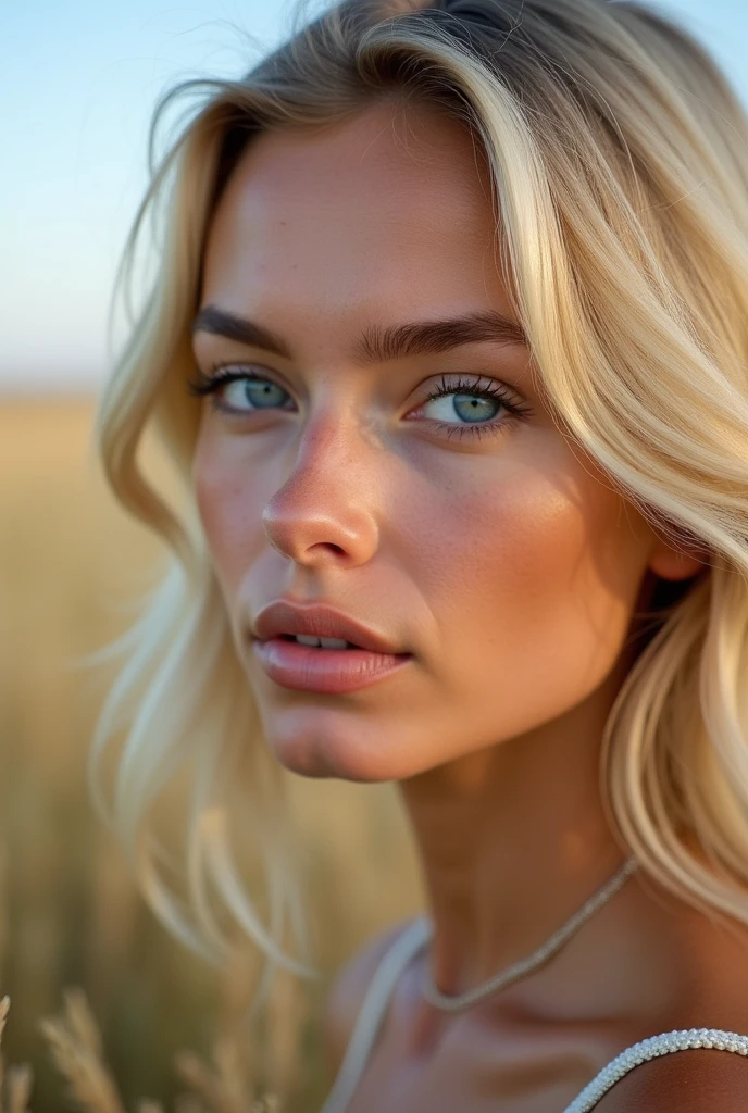 regarde droit, avec les yeux bleus, tinture blonde, le plus réaliste possible, dans une prairie