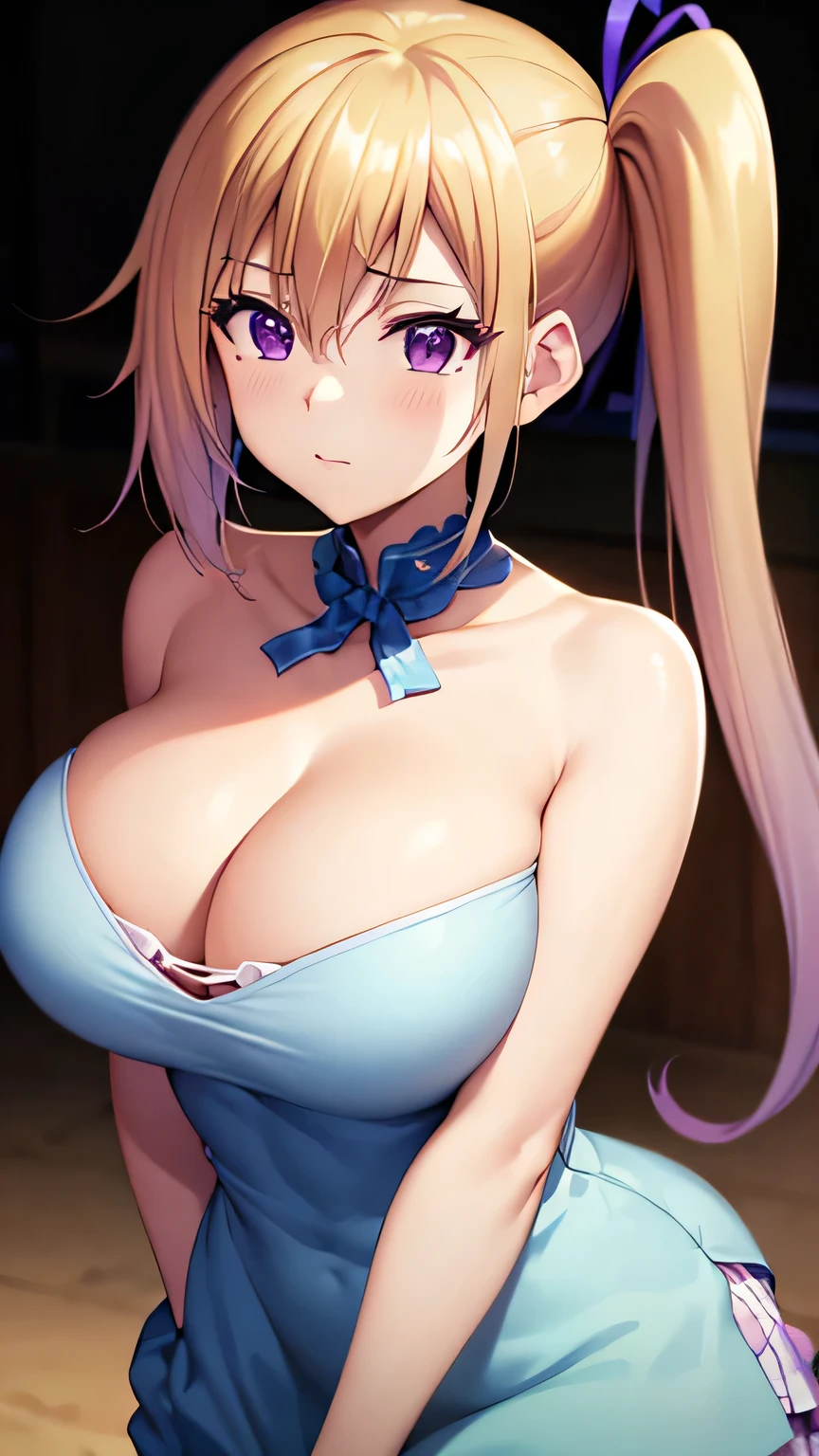 Perfect composition,masterpiece, (Highest quality), Adult women, bionde, Hair length, Side Ponytail, Purple eyes,sweater, skirt,Huge Cleavage,Sexy woman, Embarrassing,blush, Bright colors,,Natural soft light,RTTX 10.0, (Detailed face:1.2), Showcase, (Perfect Eyes:1.1) ,(Photorealistic:1.1), 8k Ultra HD, Look at the viewers, Seaside, beach, Simple Background,(Cleavage:1.4),Tremendously large bust,Huge bust,(throw,Close-up shot:1.2),From the top of the head to the waist,