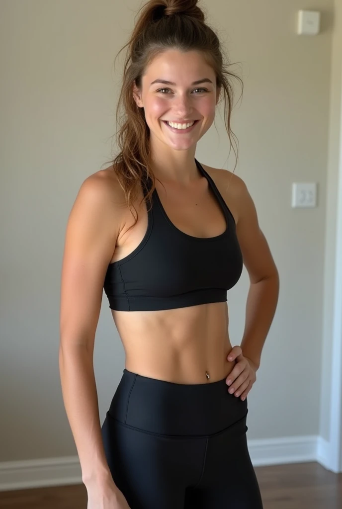 17 year old son, short brown hair. Body swaps with his 35 year old step mom. Tied up brown hair in a messy ponytail. Decently big boobs and butt. Toned body. And wearing a sports bra with yoga pants. The son feels very happy and comfortable as his step mom so she lets him stay as her for a week. The son in her body is smiling with a hand on her (his) hip.