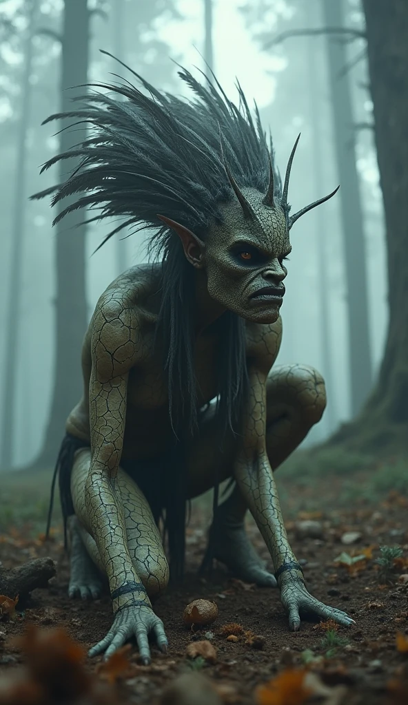 Generate a highly detailed and

atmospheric scene of a mystical forest

creature crouching in a misty

woodland setting. The creature has an

otherworldly appearance, with

intricate body paint resembling

cracked earth, and wears elaborate

feathered adornments, including a

headdress made of dark and light

feathers. The creature's face is

partially masked, with sharp, angular

features and intense, almost haunting

eyes. The environment around is

dense with fog, with tall trees and a

moody,

ethereal ambiance,

emphasizing the creature's connection

to the mystical forest.