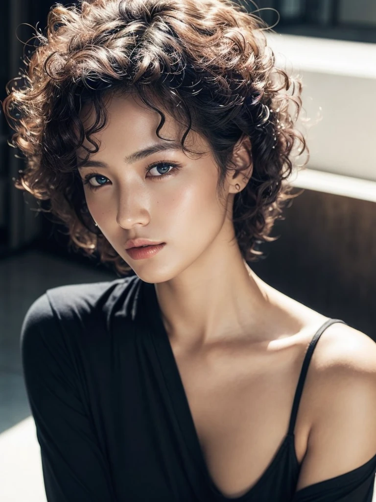 、(Photorealsitic:1.4)、(hyper realisitic:1.4)、(realisitic:1.3)、(Smooth lighting:1.05)、(Improved lighting quality in movies:0.9)、32K、1girl in、28-year-old girl、Realistic lighting、Back lighting、Facial light、raytrace、(brightened light:1.2)、(enhanced quality:1.4)、finely eye、finerly detailed face、Fine quality eye、(Tired, sleepy and satisfied:0.0)、 black shirt、(Enhances skin texture:1.1)、realistic skin textures,Perm Hair、Afro hair、curly hair、curlyhair