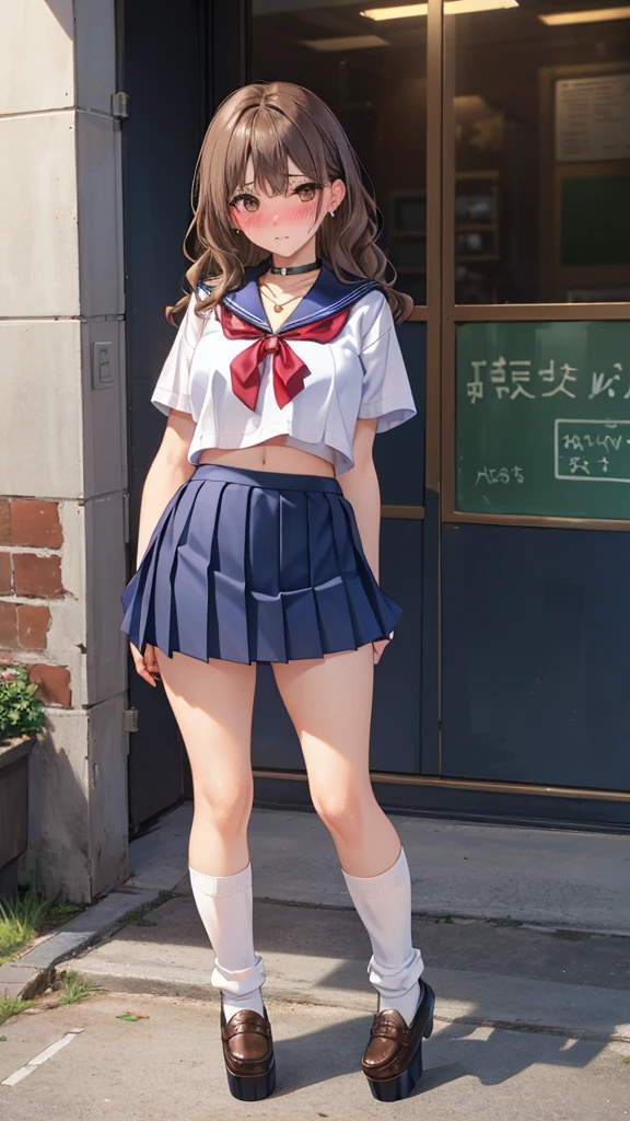 nsfw, (8k、Best image quality、Highest quality、masterpiece)、Detailed face、Detailed Background, Improve、A beautiful 35 year old woman, (Light Brown Hair:1.3), Long wavy hair, blunt bang, (Brown eyes:1.2), Big Tits, (Short sleeve white shirt:1.5), (Sailor collar), (Red ribbon), (Navy blue pleated mini skirt:1.5), (White loose socks:1.3), (Black Loafers), Gold Necklace, Earrings, Platform Sandals, (Shyly touching her skirt), (Blushing:1.4), Stand in front of the station, panties visible, (racy purple panties:1.2), from front, full body,