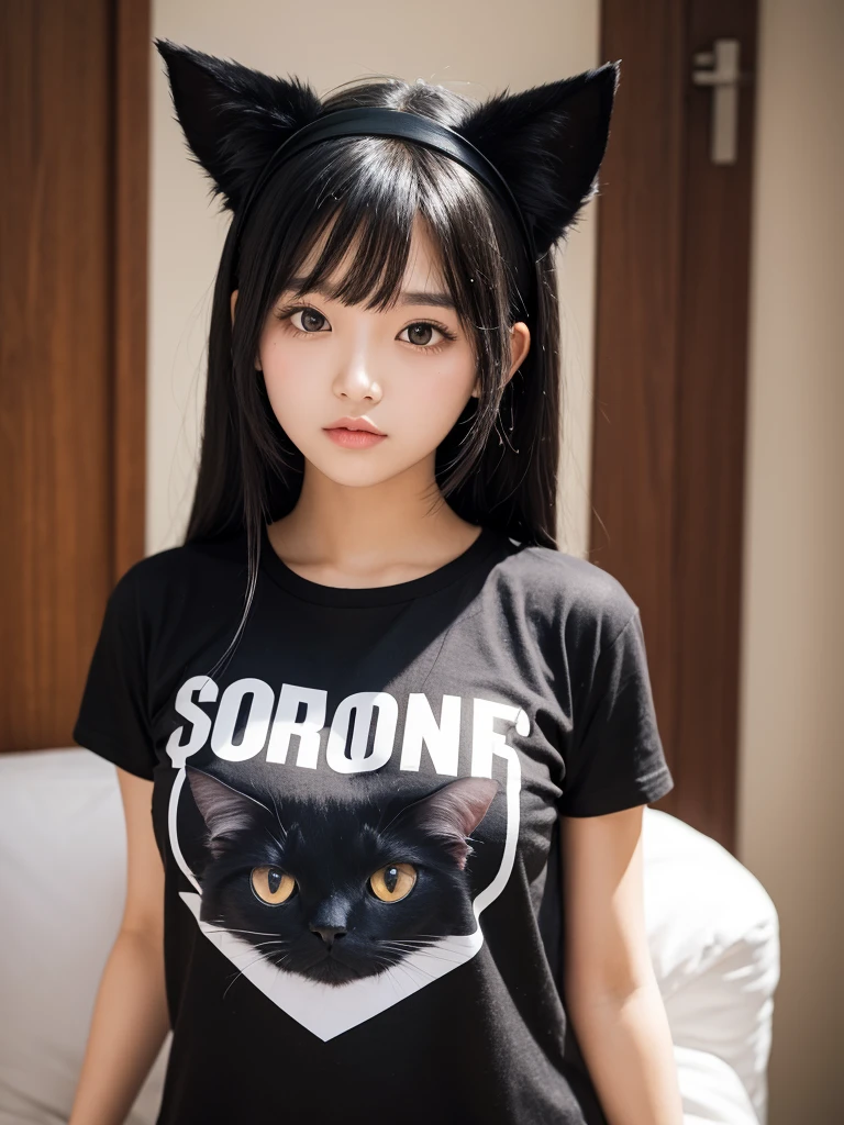 t shirt one girl, Black Hair, Big chest cat ears