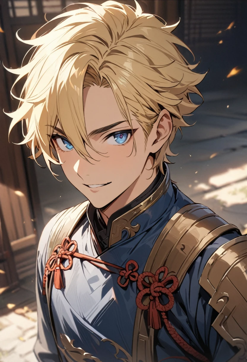 ((best quality)), ((Masterpiece)), (details), young man, blonde hair, blue eyes , handsome face, Tanned skin , Traditional Chinese Armor