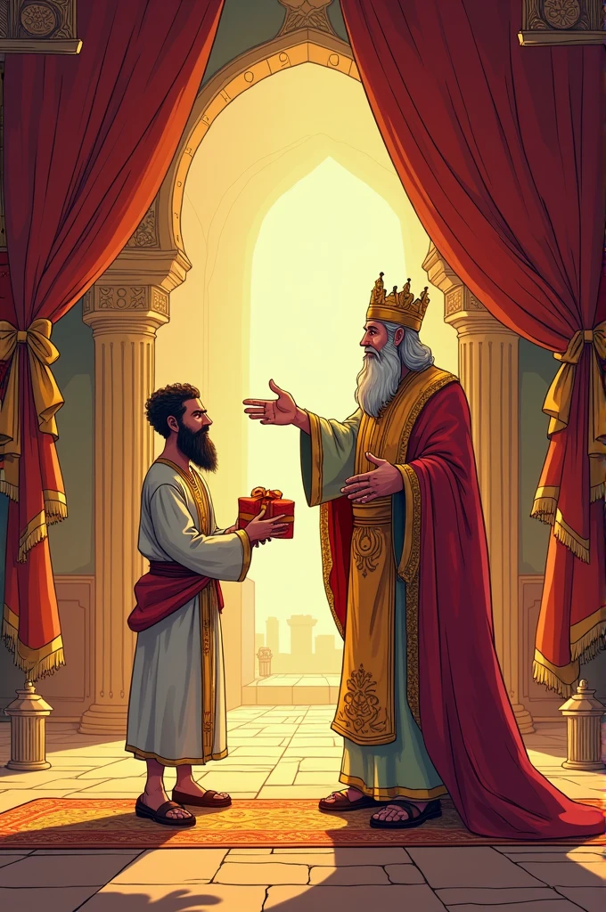 Creat a image of from sindhbad jhaji novel where a king gives a huge reward to poor sindhbad. Note not to fill any color leave space.