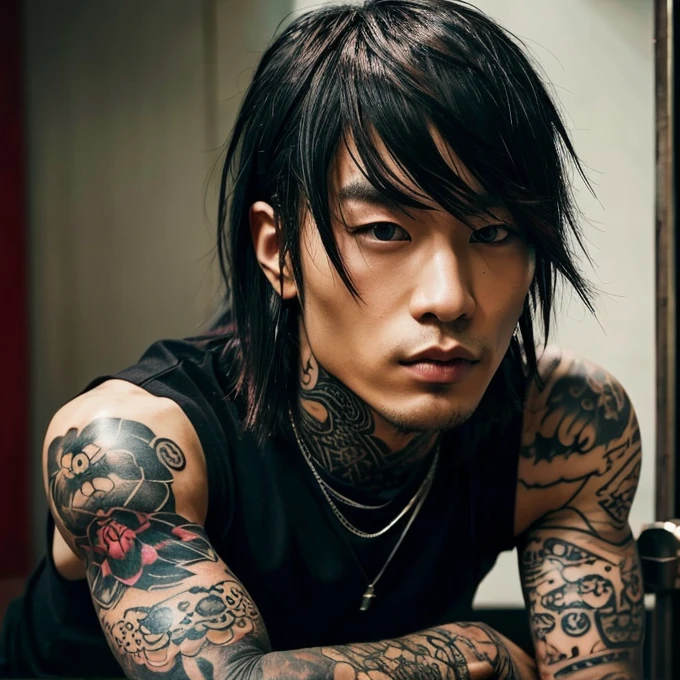 1 man, Japanese man, male, Asian eyes, muscular, broad shoulders, yakuza tattoos, hairstyle Visual Kei style, hair Visual Kei, black men's shirt and black pants, ultra detailed face, hyperrealistic, realistic representation, long hair, long hair, 30 years old, age 30 years, blonde hair