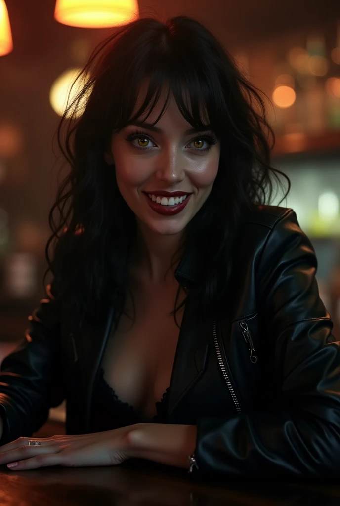 cinematic portrait photo of a woman in a bar playing a spanish guitar, traditional beauty, light smile, mischievous happy face, laughing, masterful composition!!!, concept photography, spanish style, gypsy, traditional, , she is playing a spanish guitar, traditional photography, highly detailed vfx portrait, taken with a full frame camera with a wild lens, depth of field, cinematic lighting, glow, optical illusion, textured skin, UHD