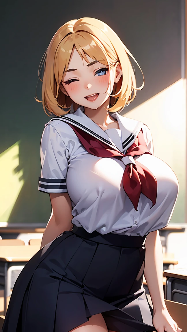 (gleaming skin:1.3), (18yo girl:1.8), blush, laughing, A milf with blonde short hair, tan skin, sky-blue eyes, open mouth, wearing a white bikini, breast,standing, (classroom:1.6). arms behind back. 1girl, extremely detailed CG, super detailed skin, perfect anatomy, dynamic lighting, beautiful detailed eyes, Top quality、Realistic、woman、milf 、Beautiful Eyes、Symmetrical eyes、evil smile、one eye closed, right eye closed, (Big breasts bigger than face、curvy body:1.2)、 (summe school uniform, skirt:1.6), (gleaming skin:1.4)、walkings、BREAK nsfw, 