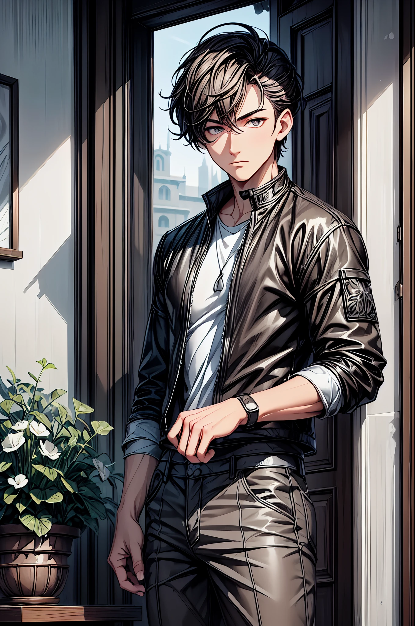 ((Best Quality)), ((Masterpiece)), ((drawing)), (detailed), 1 boy short dark hair, with serene gray eyes that reflect his inner tranquility. Their clothes are usually casual and comfortable., with natural elements such as leather and resistant fabric.