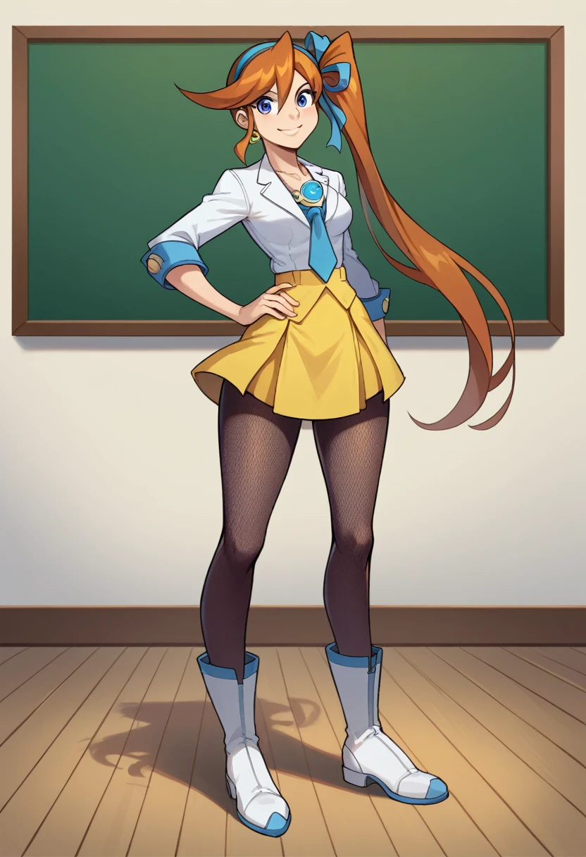 Athena Cykes, hair ribbon, side ponytail, necktie, bare arms, yellow skirt, black fishnet pantyhose, 1girl, solo, podium, hand on hips, smilling, smile, courtroom, looking at viewer. full body view. short white boots, perky breasts, wide hips, narrow waist, thin legs.