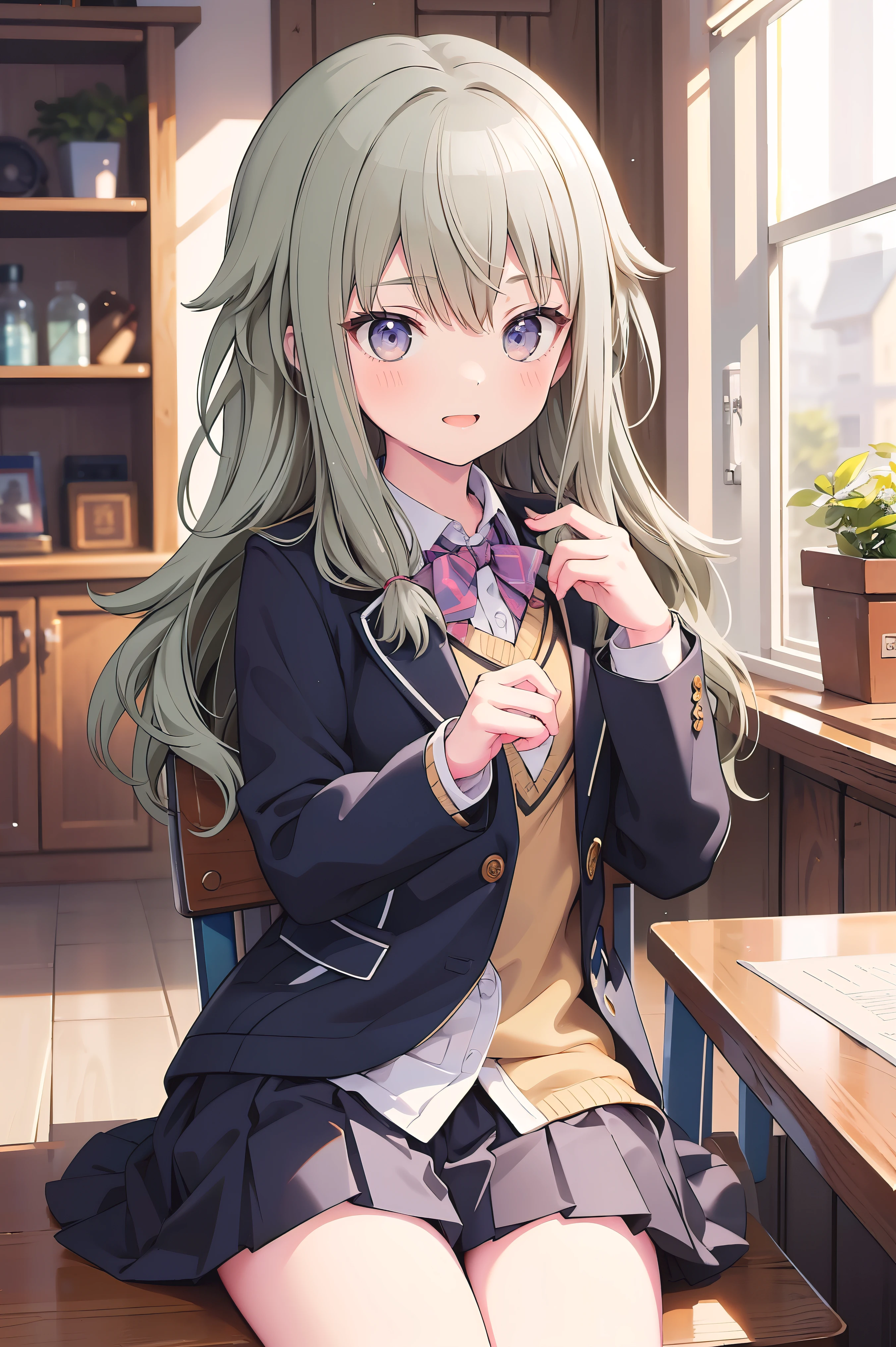 (8k, 最high quality)、Ultra-high resolution、adorable、最high quality, beautiful, (((Absurd beauty)))、masterpiece、Best image quality、(Front facing)、good feeling、smile,Face the camera、Delicate eyes、smile、Small face、girl、1 person、masterpiece, Most detailed、school uniform、blazer、high quality、Shiny Hair、Very fine and beautiful bright eyes、Medium chest、nose blush、Very detailed, clear and beautiful face, Awards, (Anatomically correct)