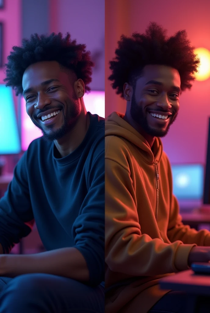 "A side-by-side image of two black men, one with a relaxed, confident expression, and the other with a wild, energetic pose, both in front of a streaming setup, with fan comments scrolling rapidly.""hyper-realistic, 8k, ultra hd, Pixar style, Disney style, cinema 4d, --ar 3:2