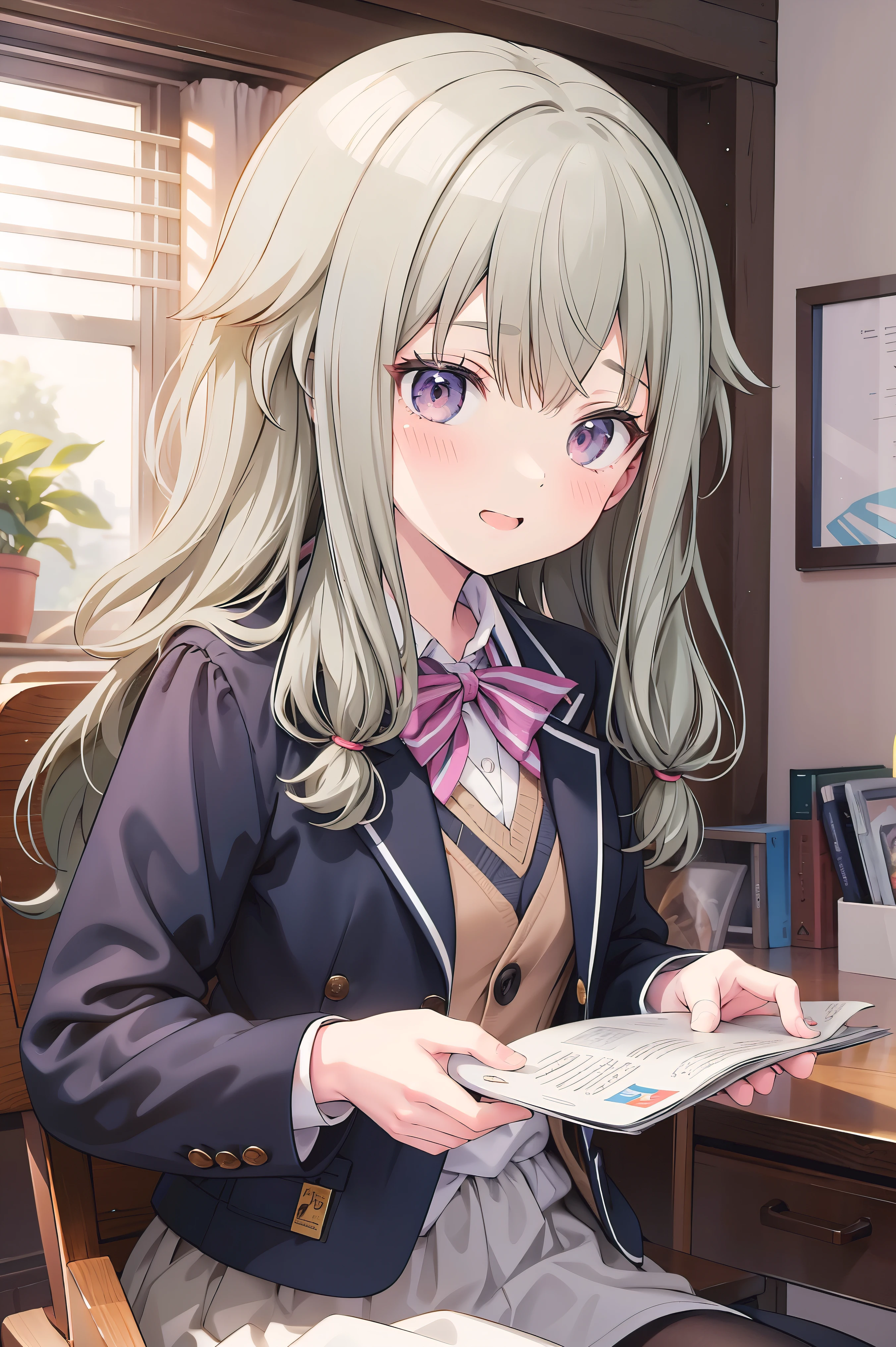 (8k, 最high quality)、Ultra-high resolution、adorable、最high quality, beautiful, (((Absurd beauty)))、masterpiece、Best image quality、(Front facing)、good feeling、smile,Face the camera、Delicate eyes、smile、Small face、girl、1 person、masterpiece, Most detailed、school uniform、blazer、high quality、wave hands、Shiny Hair、Very fine and beautiful bright eyes、Medium chest、nose blush、Very detailed, clear and beautiful face, Awards, (Anatomically correct)