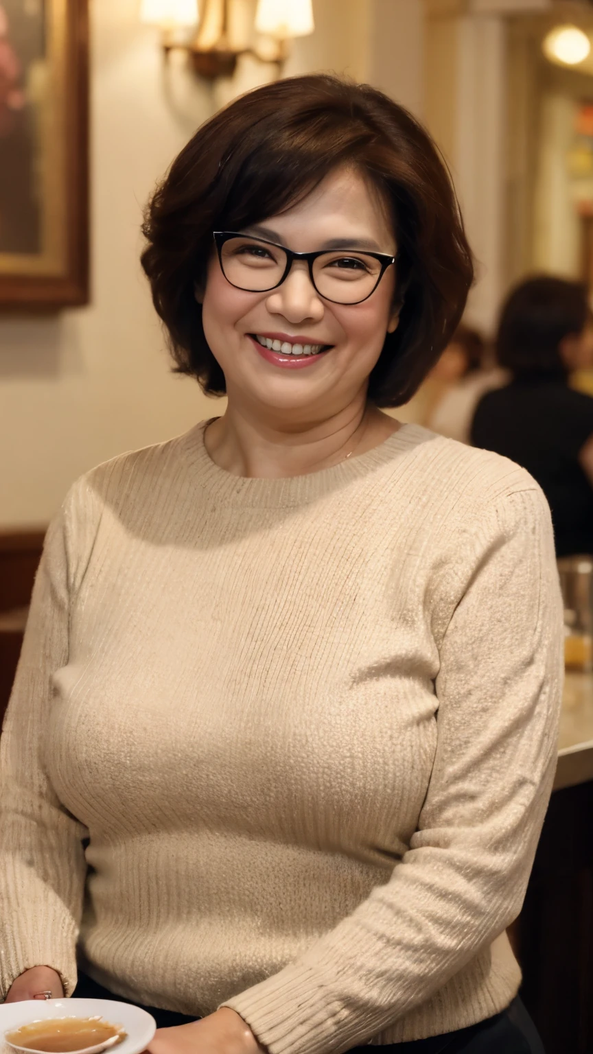 8k wallpaper, masterpiece, Highest quality, Very detailed, One Mature Woman, 50 years old, Become very clear, Wearing a short-sleeved knit, Skin dents, Captivating smile, Looking at the audience, No lapel microphone, Plump, Curvaceous, Attractive face, Smiling with teeth showing, I was happy, sitting in a cafe, Background Blur