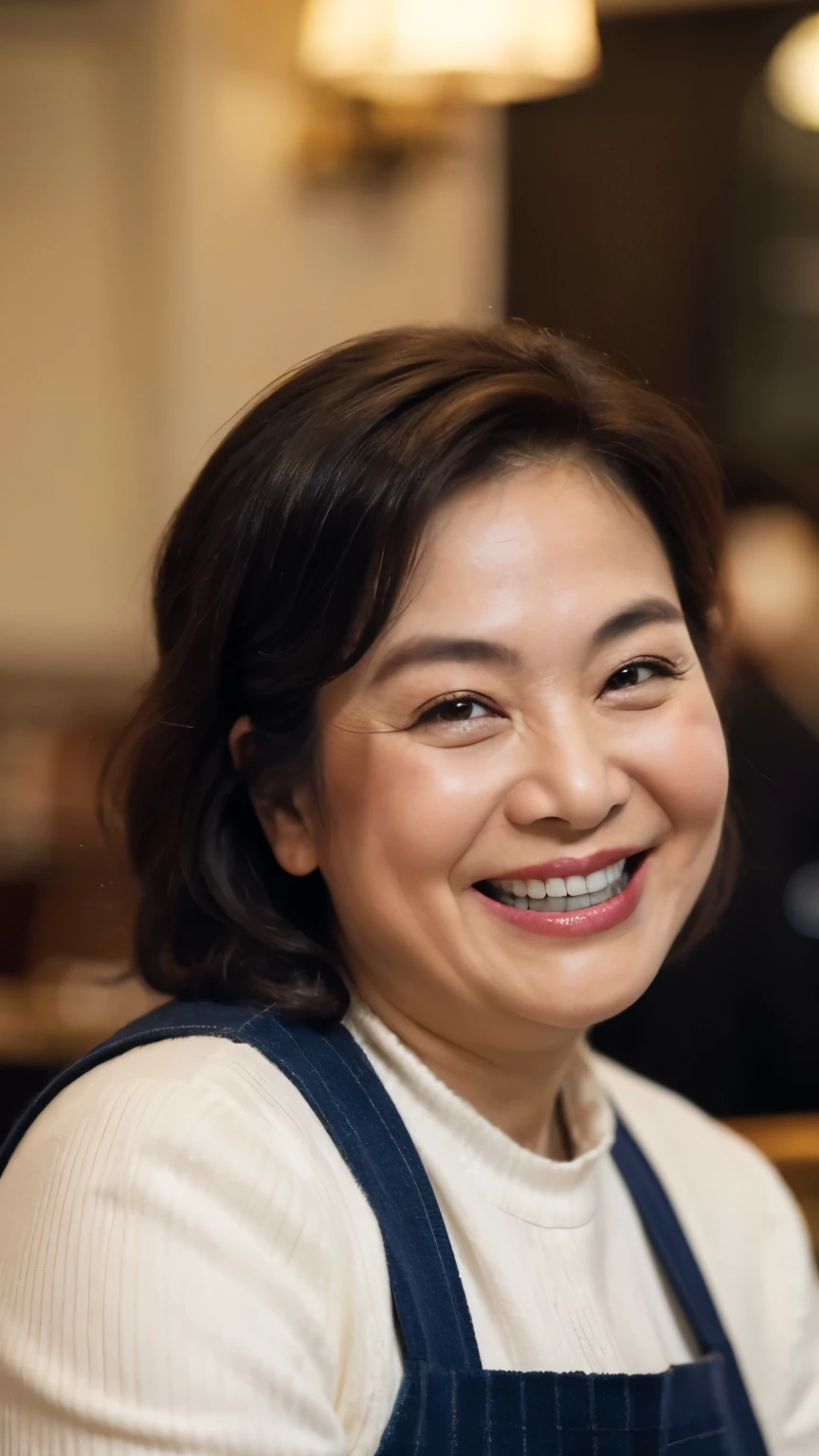 8k wallpaper, masterpiece, Highest quality, Very detailed, One Mature Woman, 50 years old, Become very clear, Wearing a short-sleeved knit, Skin dents, Captivating smile, Looking at the audience, No lapel microphone, Plump, Curvaceous, Attractive face, Smiling with teeth showing, I was happy, sitting in a cafe, Background Blur
