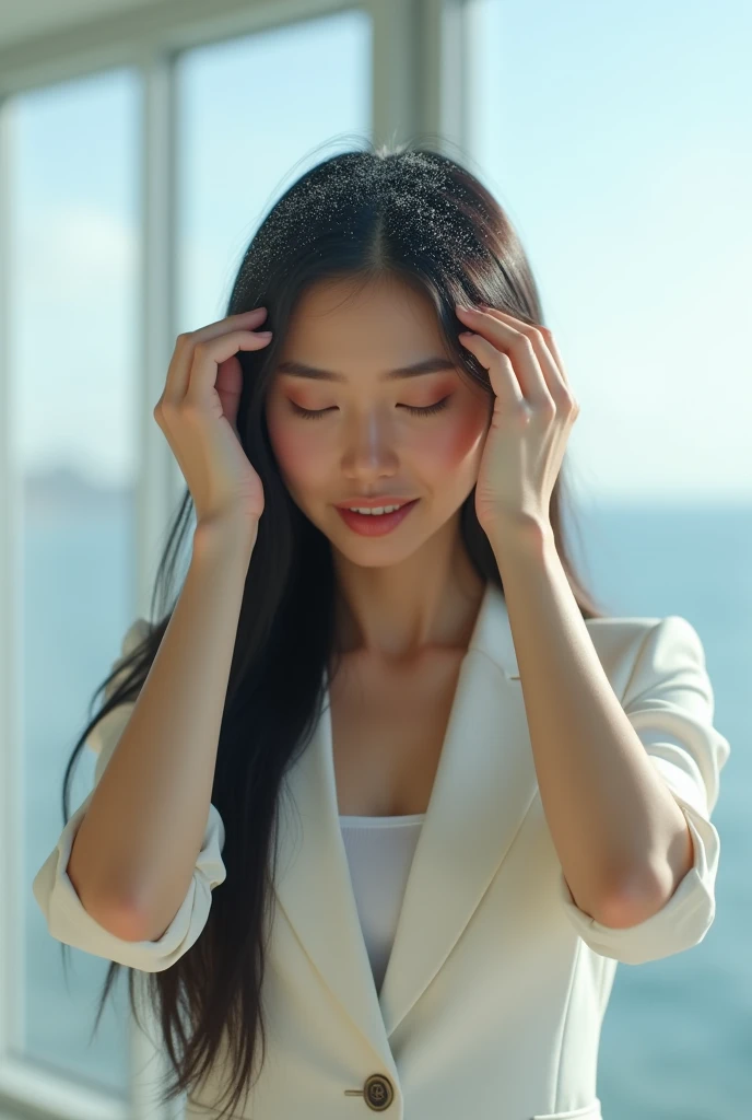Create an Asian long-haired beauty，Wearing white business attire，Scratching the scalp with both hands，There is a lot of dandruff on the top of the head，White fine dandruff on the top of the head，Fierce and unhappy expression，The characters are realistic and realistic，Upper Body，Sea view room background，9:16 frames，Ultra-high-definition picture quality