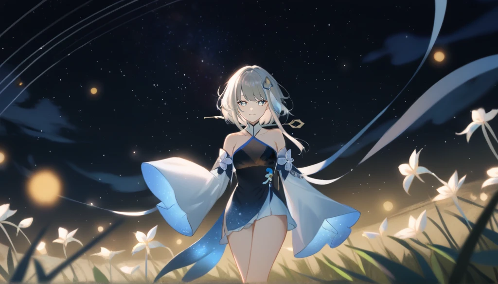 1girl, guizhong_\(genshin_impact\),light grey hair,short_hair_with_long_locks,starry_sky_print,detached_sleeves, long sleeves_past_fingers,hanfu,illustrated by matsuryuu and agahari and dsmile,pale blue eyes,stunning field of softly glowing blue and white glaze lilies,night scene,gentle smile,moonlight,glossy lips,vivid anime coloring,cel shading,smooth, soft dreamy focus,anklet,halter_top,white clothes,highly detailed,digital painting,field of flowers,bare_shoulders,wlop,barefoot,cool night tones, magical night scene,masterpiece, best quality, film, bokeh, professional, 4k, highly detailed,fireflies,Guardian nebula of rainbow light and silvery vapor,