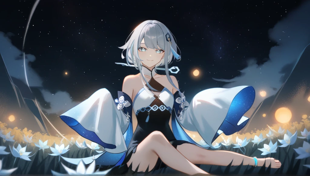 1girl, guizhong_\(genshin_impact\),light grey hair,short_hair_with_long_locks,starry_sky_print,detached_sleeves, long sleeves_past_fingers,hanfu,illustrated by matsuryuu and agahari and dsmile,pale blue eyes,stunning field of softly glowing blue and white glaze lilies,night scene,gentle smile,moonlight,glossy lips,vivid anime coloring,cel shading,smooth, soft dreamy focus,anklet,halter_top,white clothes,highly detailed,digital painting,field of flowers,bare_shoulders,wlop,barefoot,cool night tones, magical night scene,masterpiece, best quality, film, bokeh, professional, 4k, highly detailed,fireflies,Guardian nebula of rainbow light and silvery vapor,