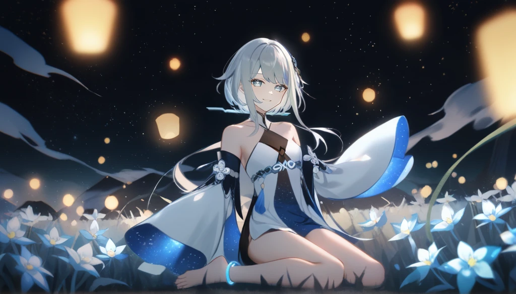 1girl, guizhong_\(genshin_impact\),light grey hair,short_hair_with_long_locks,starry_sky_print,detached_sleeves, long sleeves_past_fingers,hanfu,illustrated by matsuryuu and agahari and dsmile,pale blue eyes,stunning field of softly glowing blue and white glaze lilies,night scene,gentle smile,moonlight,glossy lips,vivid anime coloring,cel shading,smooth, soft dreamy focus,anklet,halter_top,white clothes,highly detailed,digital painting,field of flowers,bare_shoulders,wlop,barefoot,cool night tones, magical night scene,masterpiece, best quality, film, bokeh, professional, 4k, highly detailed,fireflies,Guardian nebula of rainbow light and silvery vapor,