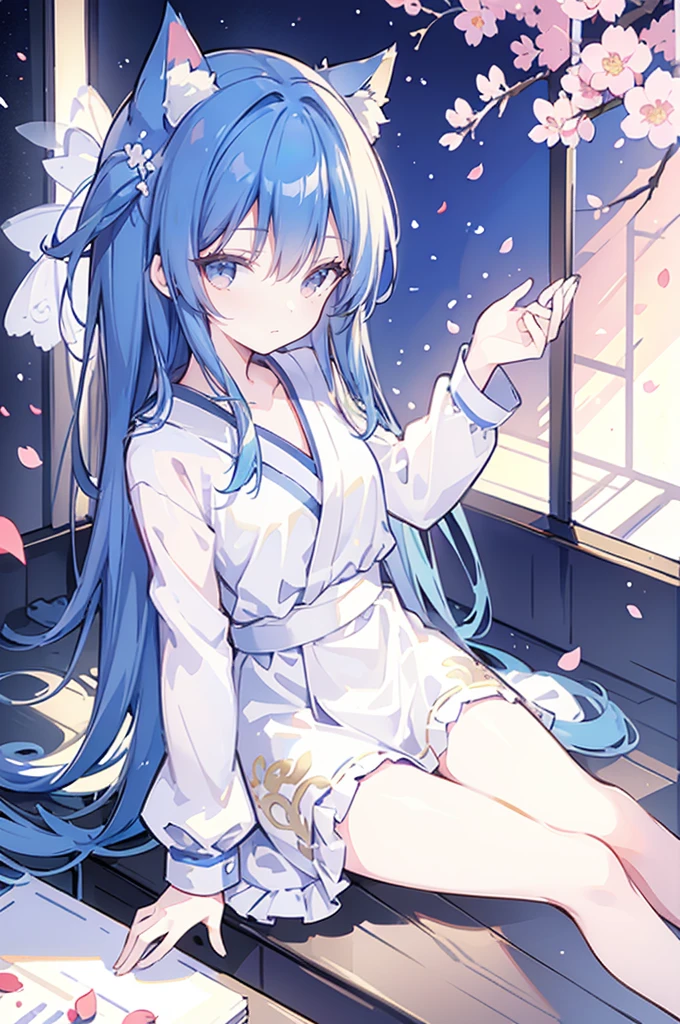 （masterpiece：1.2），Super detailed，lifelike，Expressive eyes，fair skin，perfect face shape，1 girl，
Japanese comics,Gorgeous blue hair,flowing blue hair,flowing clothes,Cat ears,Petals fall,beautiful lola,Baby Angel,
Shaking head with one hand，Cross your legs，，The pavilion is cool and comfortable,smile,back views,sunrise,Petals fall,sunrise，sitting on window sill drinking coffee and looking out the window。