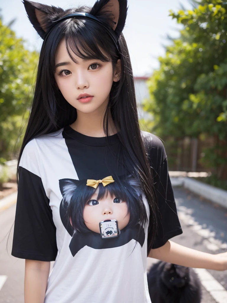 t shirt one girl, Black Hair, Big chest cat ears
