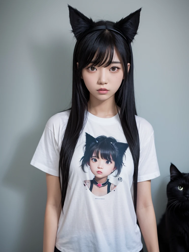 t shirt one girl, Black Hair, Big chest cat ears