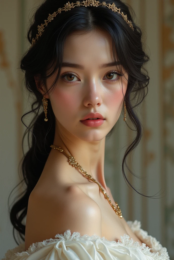 Young queen , slanted eye , white skin, dark hair